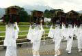 練り歩く白装束の宇奈利たち　阿蘇神社御田祭＝阿蘇市