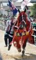 人がぶら下がった飾り馬が参道を駆け抜ける「さがり馬」＝熊本市