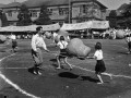 運動会　先生と一緒にダルマ運び競争＝熊本市の城東小学校
