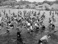 水前寺公園の清掃をする出水中学校の生徒たち＝熊本市