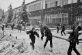 大雪　校庭で雪合戦をする子どもたち＝八代市内