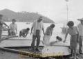 海水浴場のボートを補修する海浦小学校の先生たち＝芦北郡田浦町