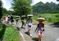 阿蘇市から熊本市まで１００キロ徒歩の旅で、高森町の峠を越えて歩く小学生た