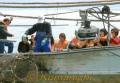 「やつしろ舟出浮き」始まる。イカ篭漁を見学して歓声を上げる参加者＝八代市沖の八代海